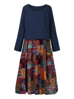 Vintage Two Pieces Ethnic Print Plus Size Maxi Dress