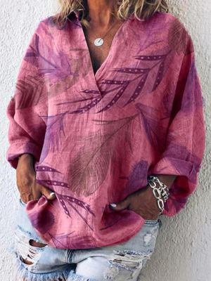 Women Long Sleeve Floral Print V-neck Cotton Blouse