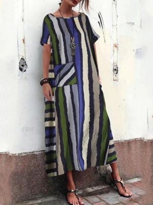Bohemian Multi Color Striped Print Plus Size Maxi Dress