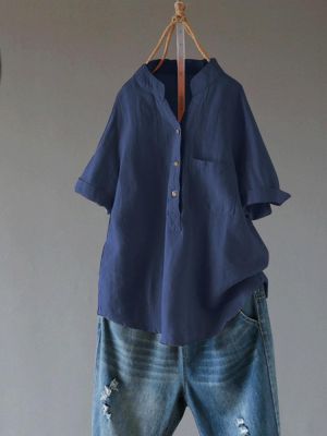 Plus Size Women V-neck Half Sleeve Pocket Cotton Blouse
