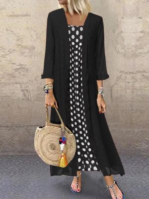 Polka Dot Straps Cardigan Two-piece set Maxi Dress