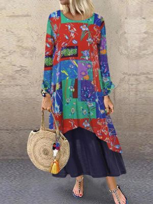 Floral Print Patchwork Vintage Plus Size Maxi Dress