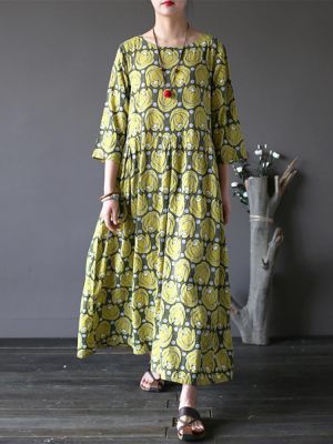 Vintage Flower Printed Half Sleeves O-neck Dress
