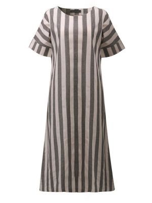 Casual Women Vertical Striped Dress O-neck Short Sleeves Dresses