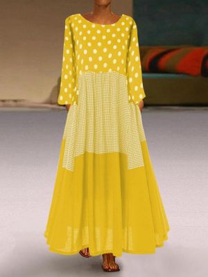 Crew Neck Polka Dot splice Long Sleeve Maxi Dress