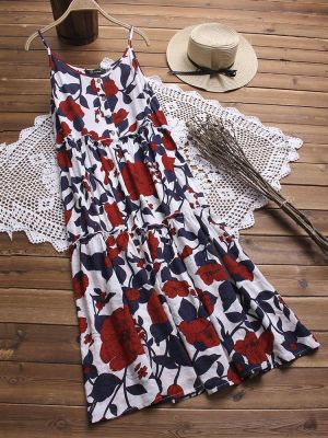 Floral Printed Spaghetti Straps Button Summer Dress