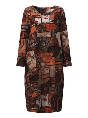 Vintage Women Loose O-Neck Long Sleeve Printed Kaftan Dress