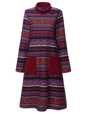 shopping מידות גדולות Vintage Women Geometric Printed Turtleneck Dress