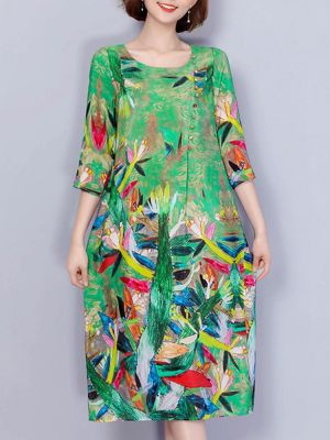 Women Elegant Art Print 3/4 Sleeve Loose Dress