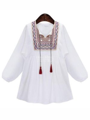 shopping מידות גדולות Plus Size Women Flower Embroidery Shirt Long Sleeve Loose Cotton Blouse