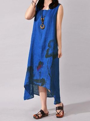 Vintage Summer Women Folk Style Ink Painting Floral Sleeveless Dress