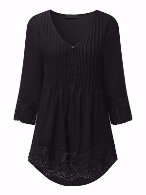 shopping מידות גדולות Pleated Lace Patchwork Three Quarter Sleeve Blouse