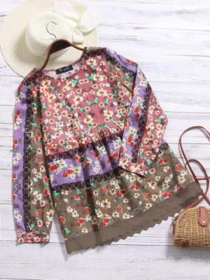 shopping מידות גדולות Vintage Women Floral Printed Patchwork Shirt