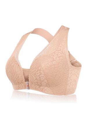 Plus Size Wireless Front Closure Halter Cross Widen Straps Lace Double D Bra