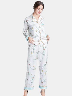 Satin Long Sleeve Flora Printed Button-Down Loose Pajama Set