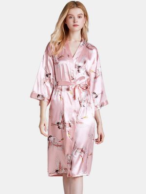 Plus Size Crane Printed Half Sleeve Longline Kimono Robe Sleepwear