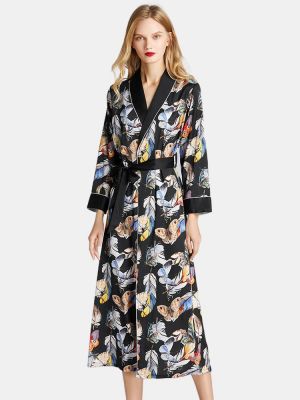 Black Satin Longlined Printed Long Sleeve Casual Bathrobe Nightgown