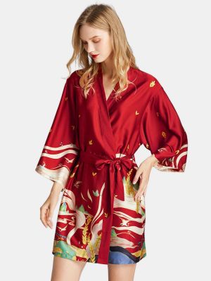 Summer V-Neck 3/4 Sleeve Printed Short Bathrobe Nightgown