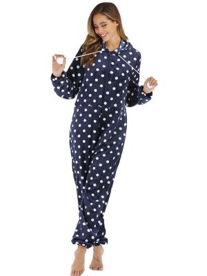Navy Polka Dot Front Zip Hoodie Jumpsuit Casual Pajama Set