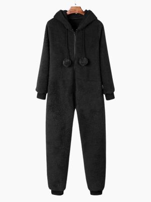 Front Zipper Hoodie Long Sleeve Flannel Onesie Jumpsuits Pajama Set
