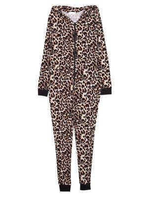 Leopard Enchanting With Hood Jumpsuits Front Zipper Pajama Set