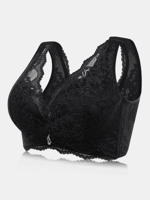 Plus Size Lace Floral Back Closure Wireless Gather Bra