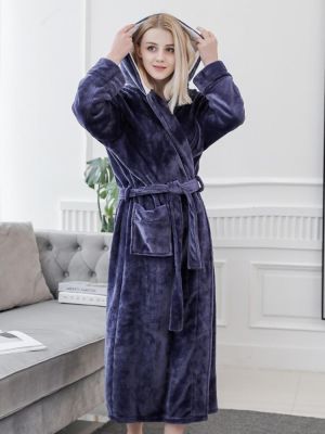 Winter Longline Hooded Long Sleeve Flannel Bath Robe Nightgown