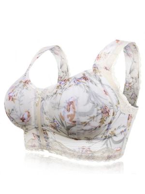 Zipper Front Wireless Floral Push Up Bra