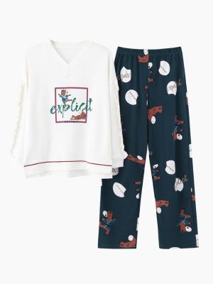 Womens Cotton V-Neck Long Sleeve With Ruffle Printed Pajama Set