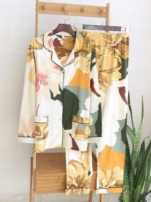 Floral Printed Cotton Long Sleeve Button Down Casual Pajama Set