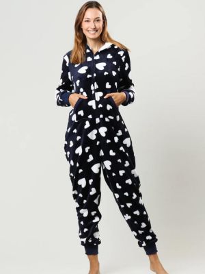 shopping פיג׳מות Flannel Heart Printed Front Zip Hoodie Onsie With Pocket Pajama Set