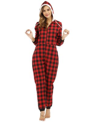 Striped Lattice Hooded Long Sleeve With Pocket Onesie Pajama Set