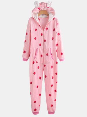 Hoodie Front Zipper Long Sleeve Flannel Printing Jumpsuits With Pocket Pajama Set