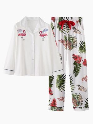 Cotton Plus Size Oblique V-Neck Button-Down Printed Pajama Set