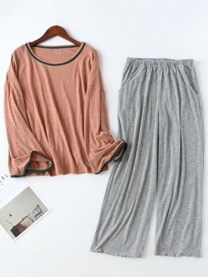 Plus Size Long Sleeve Loungewear Casual 2-Piece Textured Cotton Pajama Set