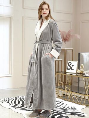 Plus Size Long Sleeve Flannel Longline Bathrobe Nightgown