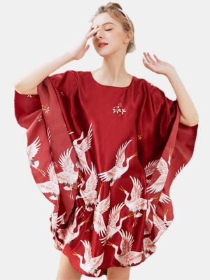 Overhead Loose Sleeve Crane Printing Silk Robes Nightgown