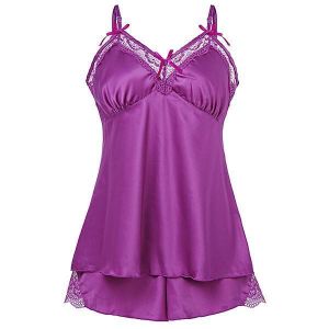 Women Sexy Silk U Collar Hollow Out Sleepwear Bow Thin Sling Pajamas Sets