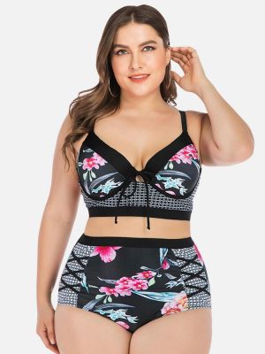 Back Closure Plus Size High Rise Floral Printed Bikini