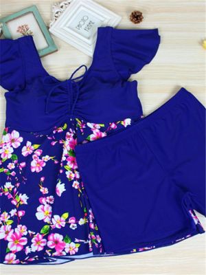 Cosy Flounces Printed Two Pieces Swimwear Ruffle Wireless High Waist Boyshorts Swimdress