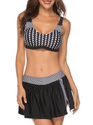 Black Split Skirt Swimwear Printed Bikini Dress