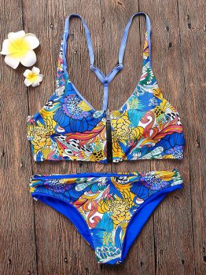 2pcs Front Zipper Printed Reversible Strappy Y Back Bikini Set