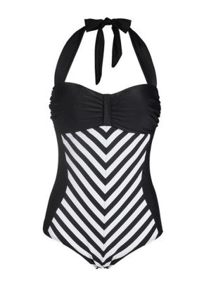 Plus Size Racy Black Halter Low Cut Striped Beachsuit Swimwear For Women