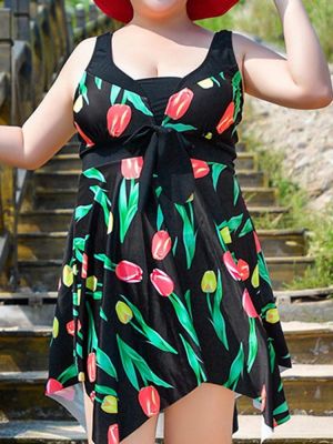 Sexy Bow Sleeveless Bodysuit Flower Print Wireless Bathing Suit Swimdresses
