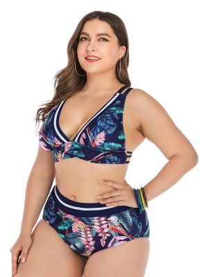 Back Closure Cross Strappy Printed Plus Size Swimwear Bikini