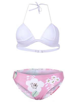 2Pcs Halter Triangle Cup Swimwear Flower Printing Bikini Sets