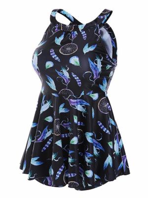 Plus Size Off Shoulder Hollow Out Back Wind Chime Printing One Piece Swimwear Dress