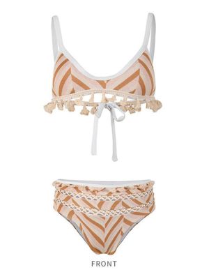 Bohemian Style High Rise Geometric Knitting Hollow Tassel Bikini