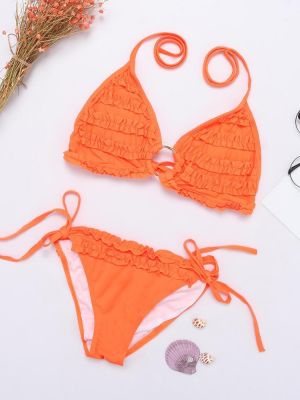 Sexy Colorful Halter Padding Bikini Set Deep Plunge Beach Wear Women Swimwear