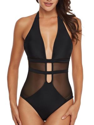 One Pieces Black Mesh Hollow Swimwear By Banggood